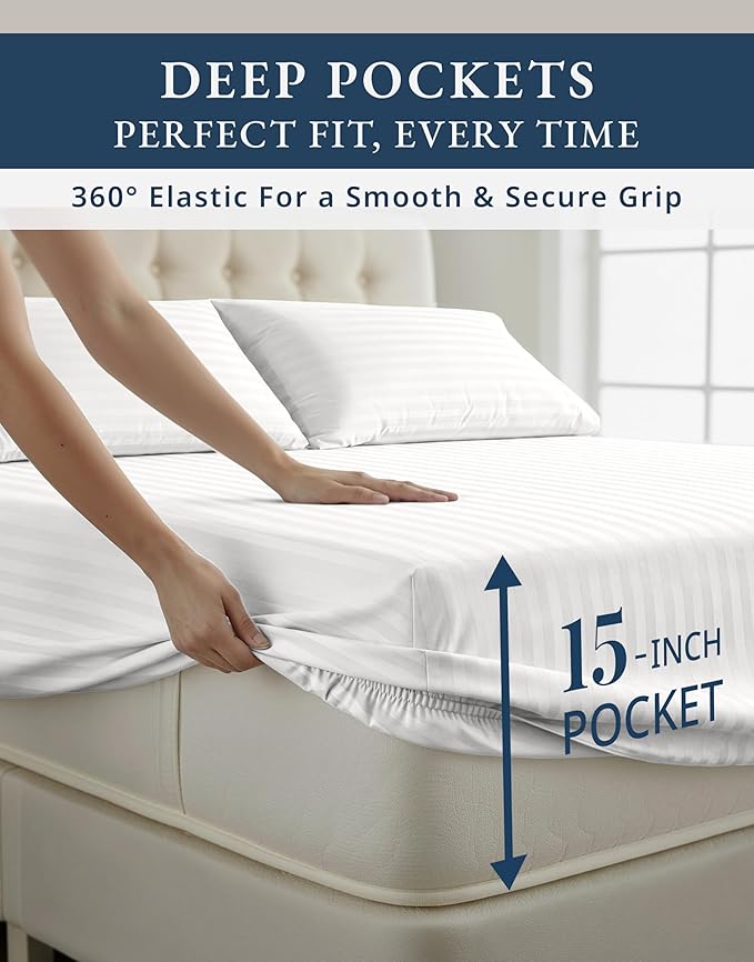 LANE LINEN 100% Egyptian Cotton Queen Sheets Set - Damask Bed Sheets 4 Piece for Size Deep Pocket 16" Fully Elasticized White