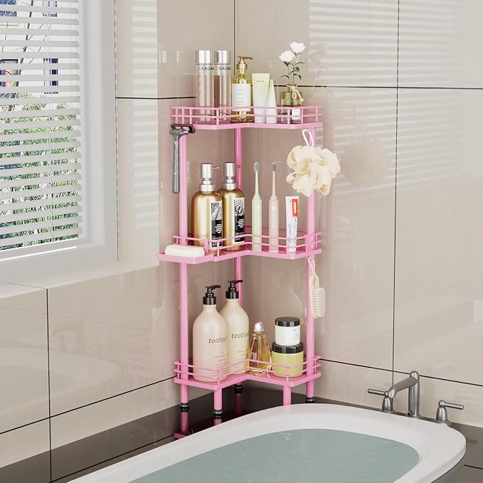 Consumest Corner Shower Caddy Standing - 3-Tier Stainless Steel Shower Organizer with Soap Holder and 4 Hooks, Large Capacity Corner Shelf Stand for Bathroom, Rest Room, Pink - Image 7