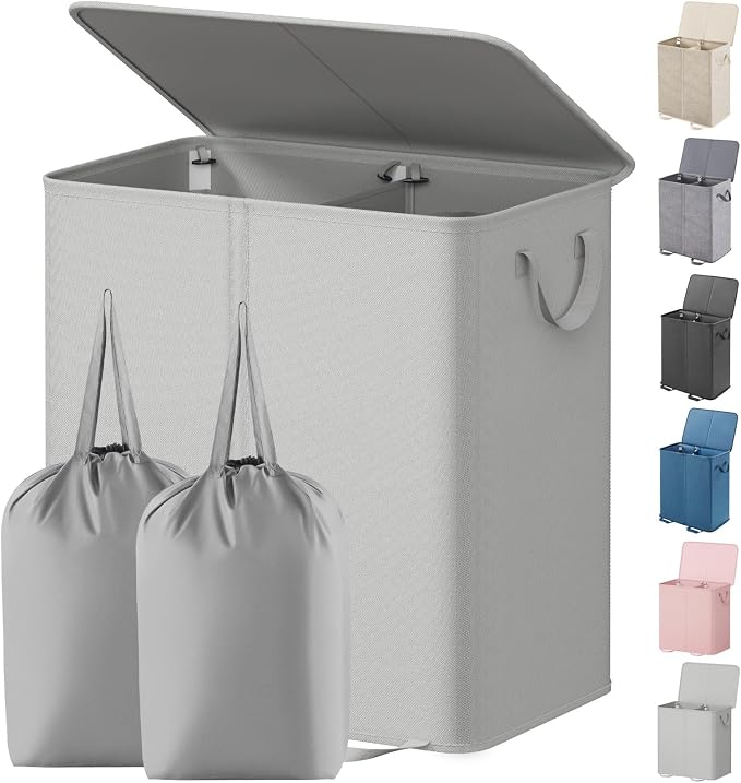 Lifewit Double Laundry Hamper with Lid and Removable Laundry Bags, Large Collapsible 2 Dividers Dirty Clothes Basket with Handles for Bedroom Laundry Room Closet Bathroom College, 136L Silver Gray by Lifewit