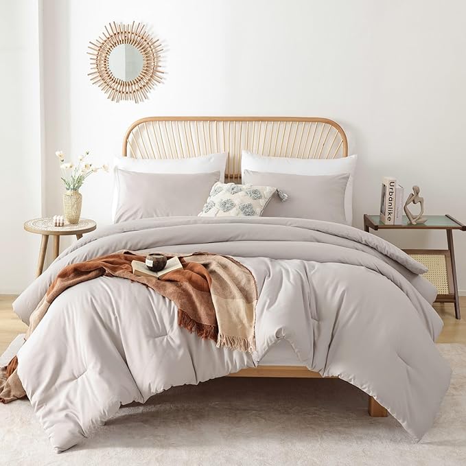 ROSGONIA King Size Comforter Set Linen Grey, 3pcs(1 Boho Comforter & 2 Pillowcases) Soft Lightweight Bedding Blanket All Season Bedspreads Quilt