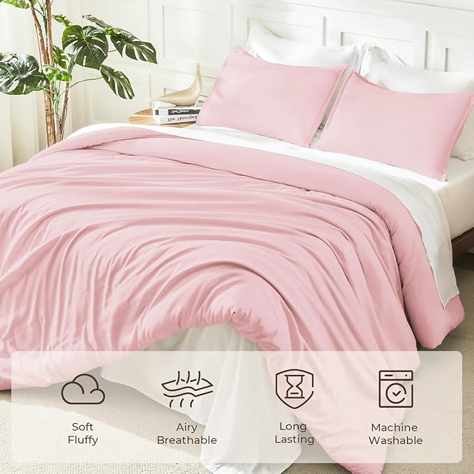 Litanika Pink Comforter Set Queen Size, 3 Pieces Lightweight Soft Fluffy Solid Bedding Set, All Season Bed Set (90x90In Comforter & 2 Pillowcases)