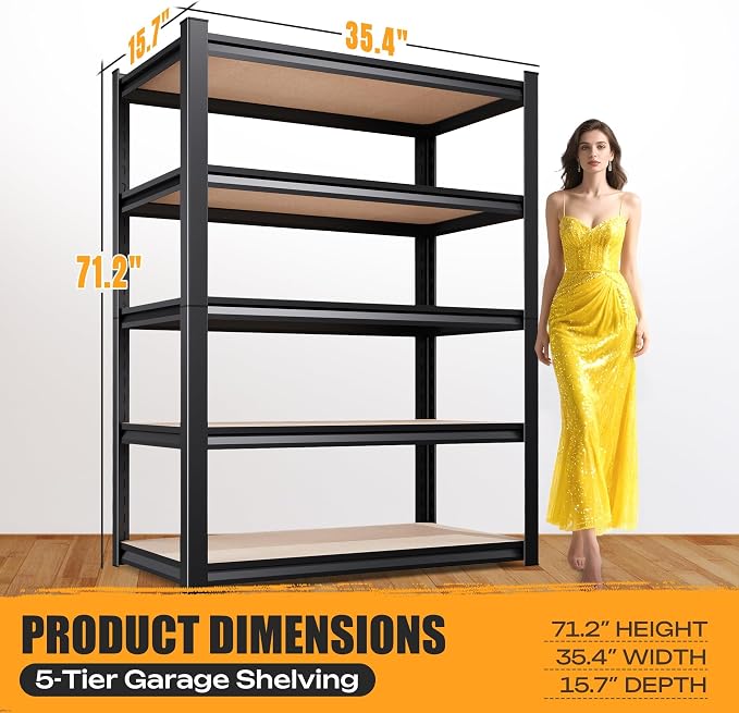 71.2" H Garage Shelving Heavy Duty Storage Shelves, Metal Adjustable Shelving Unit, Utility Garage Organizer Shelf for Basement, Pantry, Kitchen, Warehouse,15.7" Dx35.4 Wx71.2 H Black - Image 3