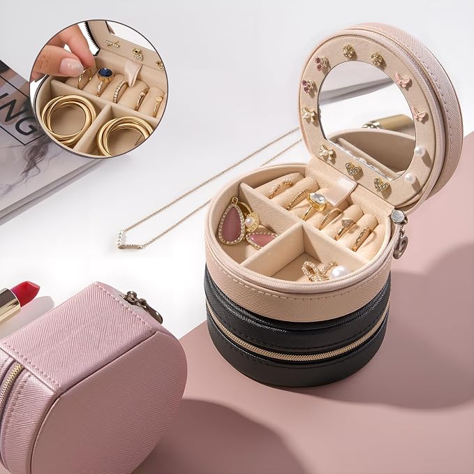 ProCase Travel Size Jewelry Box, Mini Portable Seashell-Shaped Jewelry Case with Mirror, 2 Layer Organizer in PU Leather for Women -Champagne - Image 2