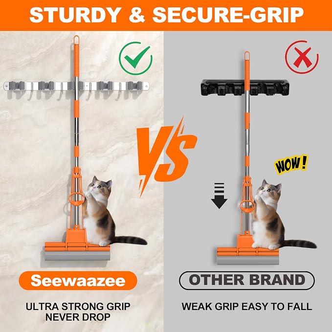 Broom Holder Wall Mount, Mop and Broom Organizer Broom Hanger Storage Tool Utility Racks Stainless Steel Wall Hooks Solid Mop Rack for Home Kitchen Garden Laundry Garage (5 Racks 4 Hooks) - Image 5
