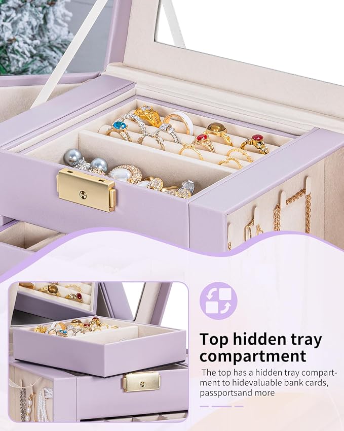AKOZLIN 5-Tier Jewelry Box Leather Jewelry Storage Organizer with 4 Drawers Lockable for Women Girls Ring Necklace Earring Bracelet Watches Holder with Mirror Purple - Image 4