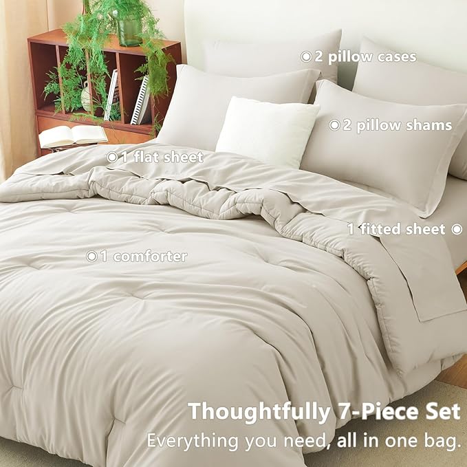 CozyLux King Comforter Set Beige, 7 Pieces Bed in a Bag Soft Bedding Comforter Set with Sheets, All Season Boho 7PC Bed Sets with Comforter, Fitted Sheets, Flat Sheets, Pillow Shams and Pillowcases