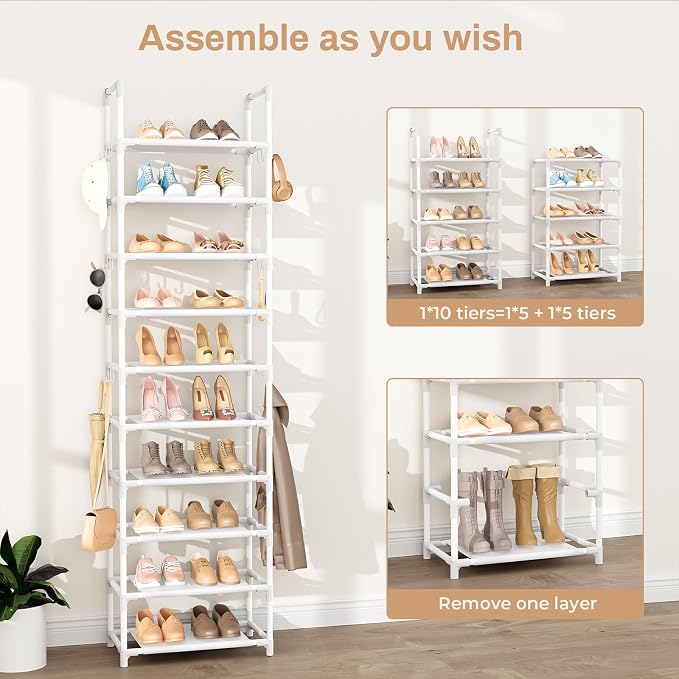 VTRIN 10 Tiers Tall Shoe Rack Holds 20-25 Pairs of Shoes Sturdy Vertical Shoe Organizer with 18pcs Hooks Stackable Narrow Shoe Rack for Closet, Entryway White - Image 5
