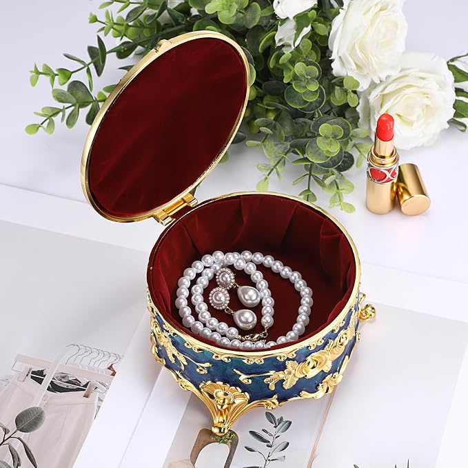 Hipiwe Vintage Jewelry Box Metal Keepsake Box Round Treasure Storage Case for Ring Earrings Necklace Holder Wedding Birthday Gift for Woman, Blue, 5.7" L x 5.1" W x 3.5" H - Image 4