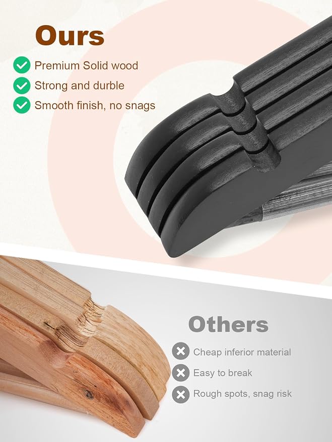 HOUSE DAY Black Wooden Hangers 10 Pack, Solid Wood Hanger with Non Slip Pant Bar, Heavy Duty Wooden Coat Hanger for Closet, Smooth Finish Wood Clothes Hangers for Shirts, Suits, Jackets, Dress - Image 4