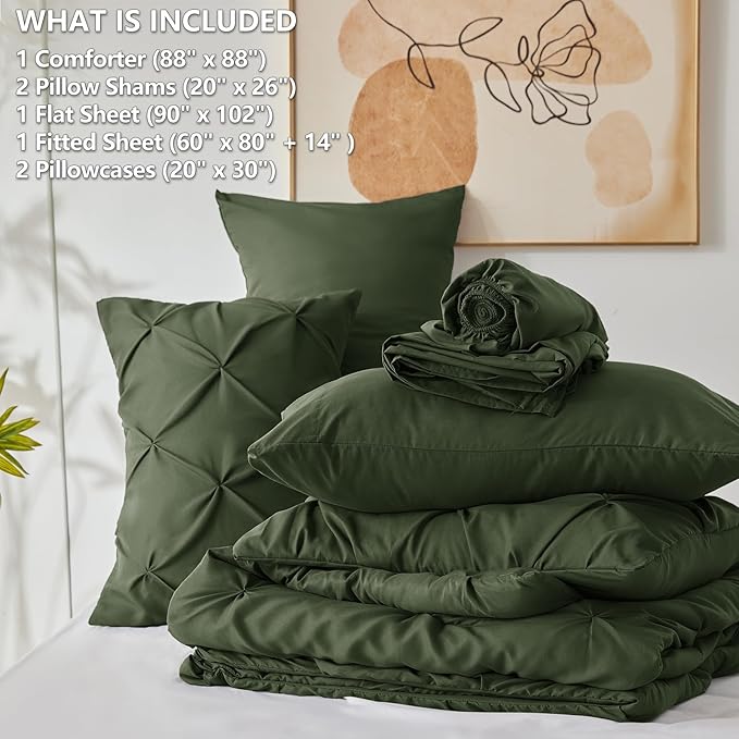 CozyLux Queen Comforter Set Olive Green, 7 Pieces Pintuck Bed in A Bag, Premium Green Comforter Queen Size, Pinch Pleat Bedding Sets with Comforter, Sheets, Pillowcases & Shams