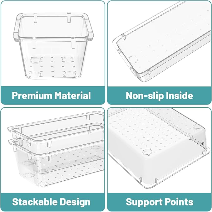 WOWBOX 40 PCS Clear Plastic Drawer Organizer Set, 4 Sizes Desk Drawer Organization and Storage Containers for Makeup, Cosmetics, Jewelry and Gadgets in Kitchen, Bathroom, Bedroom, Office, Clear - Image 2