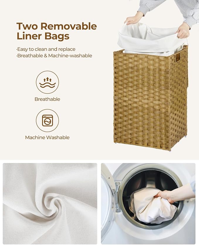 GREENSTELL Laundry Hamper with Lid, 60L Clothes Hamper with 2 Removable Liner Bags & 2 Mesh Laundry Bags, Handwoven Synthetic Rattan Laundry Basket for Clothes, Toys in Bathroom, Bedroom Natural - Image 4
