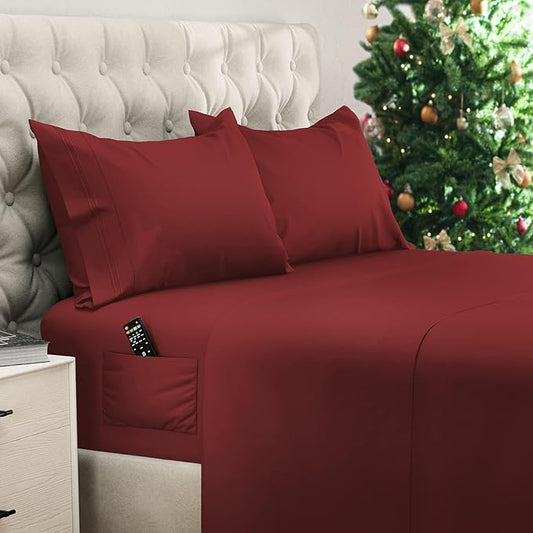 DREAMCARE King Size Sheets Set – 4 pcs Cooling Sheets – up to 21” Deep Pocket King Sheet Set – Hotel Luxury Sheets & Pillowcases – Superior Softness 100% Fine Microfiber with Side Pocket – Burgundy