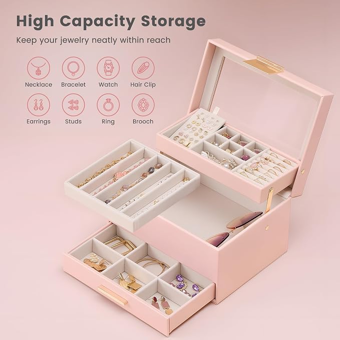 Lolalet Jewelry Box, Clear Window Jewelry Organizer with Drawer for Earrings Bracelets Necklaces Rings, Jewelry Storage for Women -Pink, 3 Layers - Image 2