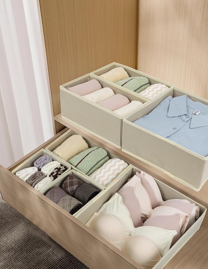 Fordonral 12 Pack Drawer Organizer Clothes, Foldable Fabric Dresser Organizer Closet Organizers and Storage Box for Underwear,Folded Clothes,Baby Clothing,Socks,Bra,Towels,Ties(12 Pack,Beige) - Image 6