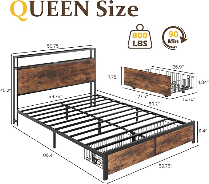 Lifezone Queen Bed Frame with 2-Tier Storage Headboard, Metal Bed Frame with Storage Drawers & Built-in Charging Station & LED, Noise-Free, No Box Spring Needed, Easy Assembly, Rustic Brown