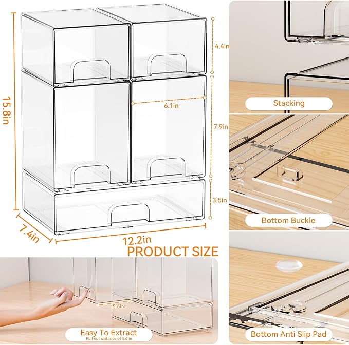 Yieach 5 Set Clear Baby Bottle Organizer for Countertop,BPA FREE Bottle Station Organizer for Breast Pump Parts,Pacifier and Baby Accessories,Stackable Drawers for Bathroom,Cabinet,Pantry Organization - Image 3