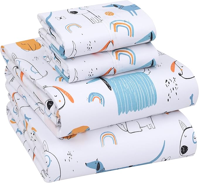 RUVANTI 100% Cotton Sheets – Full Size Percale Bedding, Cooling & Breathable Floral Design, Durable with a Crisp, Soft & Comfortable Feel, 16" Deep Pocket, 4-Piece Set, Puppy Me