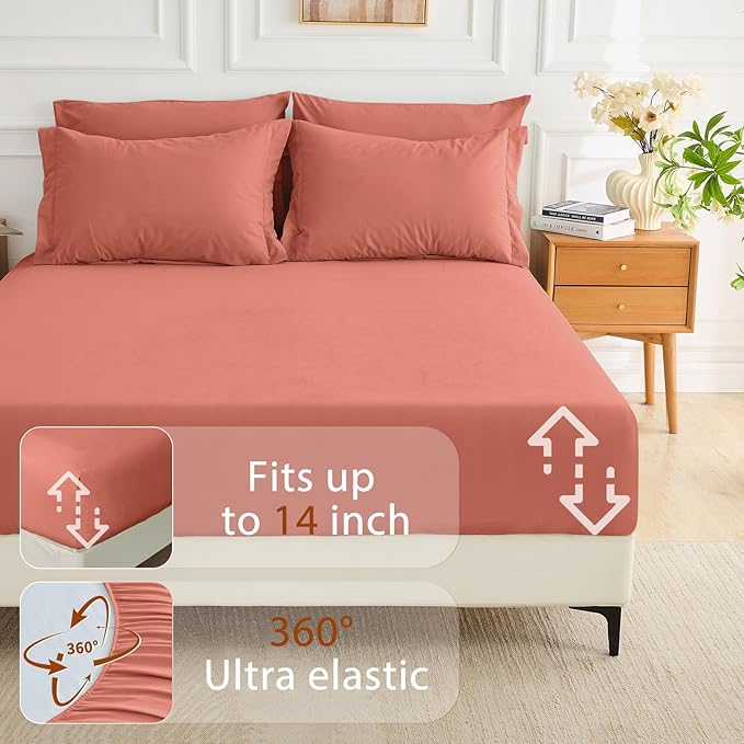MUXHOMO 7 Pieces Queen Comforter Set, Soft Bed in a Bag Queen Size, All Season Bedding Set with Comforter, Flat Sheet, Fitted Sheet, Pillowcases & Shams, Coral Red