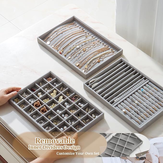 Large Velvet Jewelry Tray 2 Pack Stackable Jewelry Display Drawer Inserts Trays Organizer for Earring Bracelet Necklace Ring (Gray, 40 Grids) - Image 5