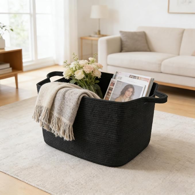 Large Blanket Basket,Woven Rope Basket Storage Bin with Handles,65L Rectangle Laundry Basket for Magazines,Toys,Clothes,Newspaper Shelf Organization,Nursery and Living Room,Black - Image 4