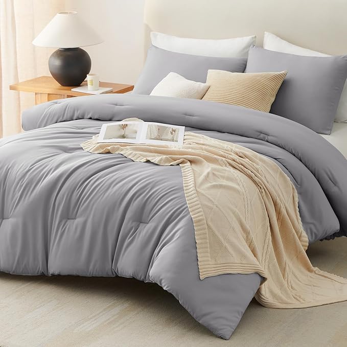 CozyLux King Size Comforter Set Grey, 3 Pieces Solid Comforters King Size Breathable Quilted Bedding Sets, Gray Luxury Soft Lightweight Bed Set with Down Alternative Comforter and 2 Pillowcases