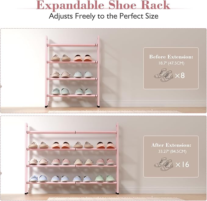 Bumusty 4-Tier Expandable Shoe Rack for Closet, 18“-33” Adjustable Shoe Rack for Small Space, Small Shoe Organizer for Front Door, Sturdy Metal, Pink - Image 5
