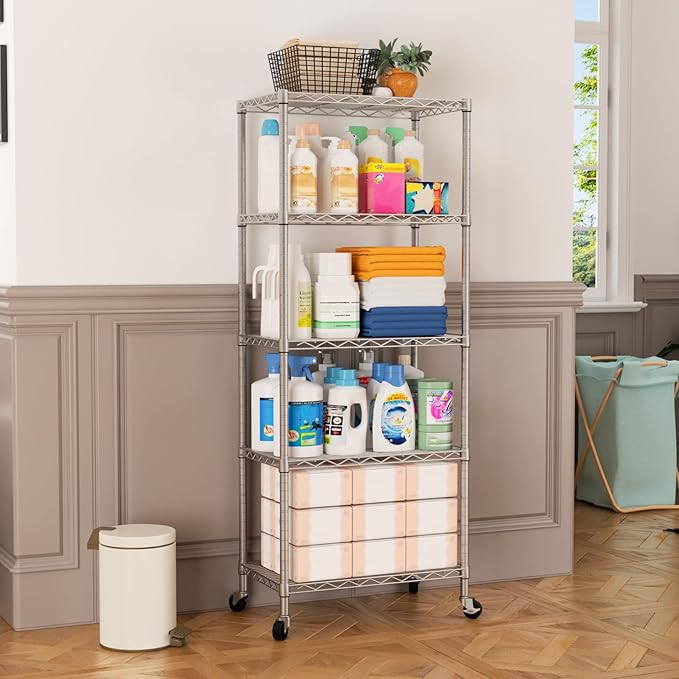 SINGAYE 5 Shelf Storage Wire Shelves Closet Bathroom Organizers Metal Pantry Kitchen Garage Shelving Unit Laundry Room Organization Home Narrow Rack Net Basket with Wheels Silver - Image 7
