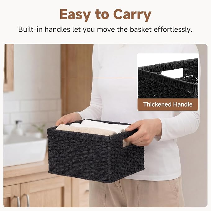 StorageWorks Wicker Basket with Handle, Wicker Storage Baskets for Organizing, Decorative Storage Baskets for Shelves, Paper Rope, Black, 2-Pack - Image 3