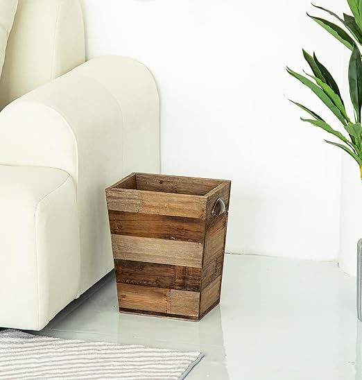 Small Wood Trash Can, Farmhouse Rectangular Garbage Can Waste Basket, Rustic Distressed Reclaimed Wood Wastebasket, Vintage Wooden Trash Recycling Bin Storage Basket with Metal Handles (Natural) - Image 6