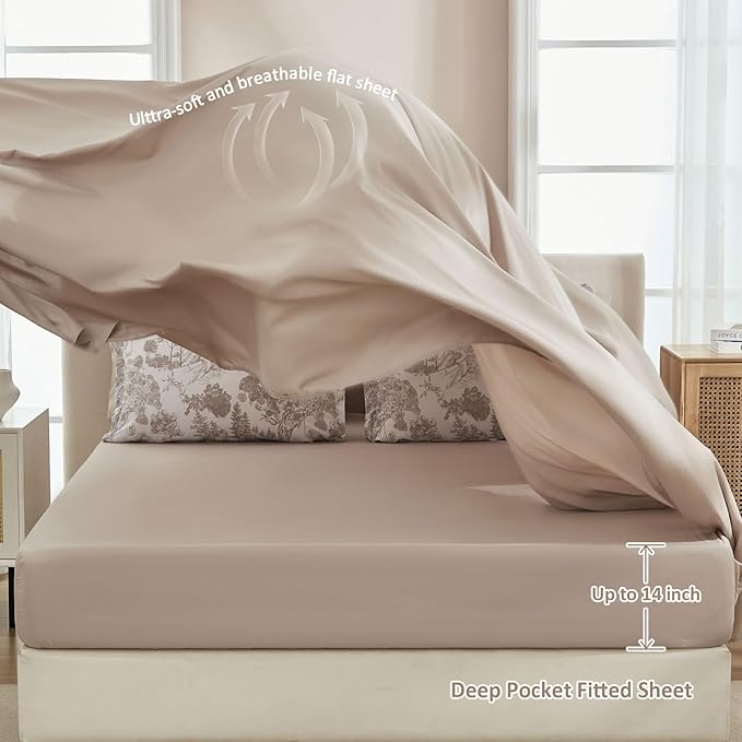 DJY Khaki Comforter Set Queen, 7 Pieces Bed in a Bag Queen Size Botanical Comforters with Sheets Elegant Plants Print Soft Microfiber Reversible Complete Bedding Sets for All Season