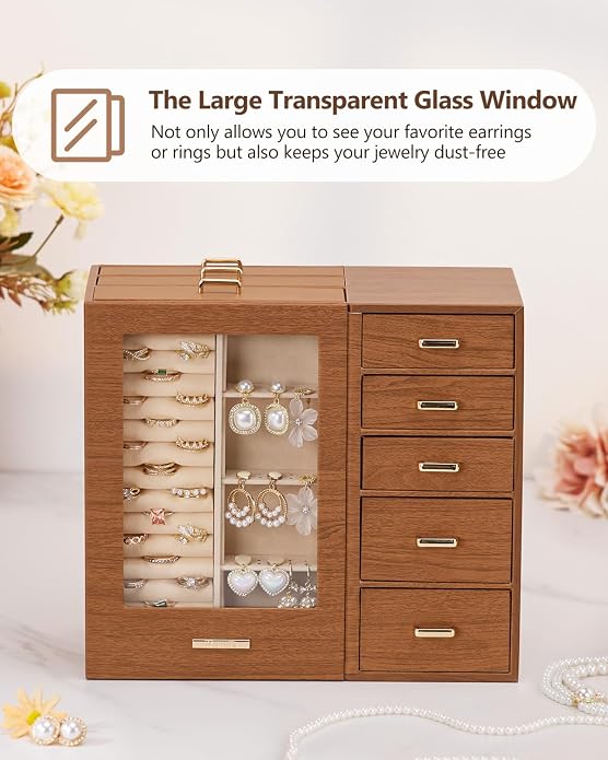 Homde Large Jewelry Box/Organizer/Case with Glass Window, Drawers for Necklaces Earrings Rings Bracelets Watches Gift for Women Girls - Image 2