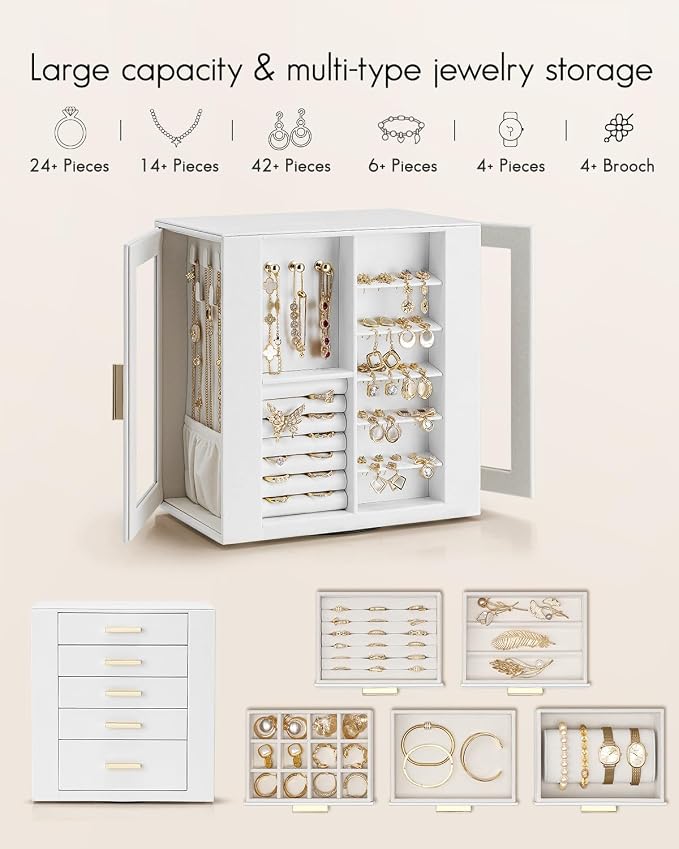 VLANDO 360° Rotating Jewelry Box with 5 Drawers, Large Jewelry Storage with 2 Glass Window, PU Leather Jewelry Organizer for Bracelets, Necklaces, Earrings, Rings - White - Image 4