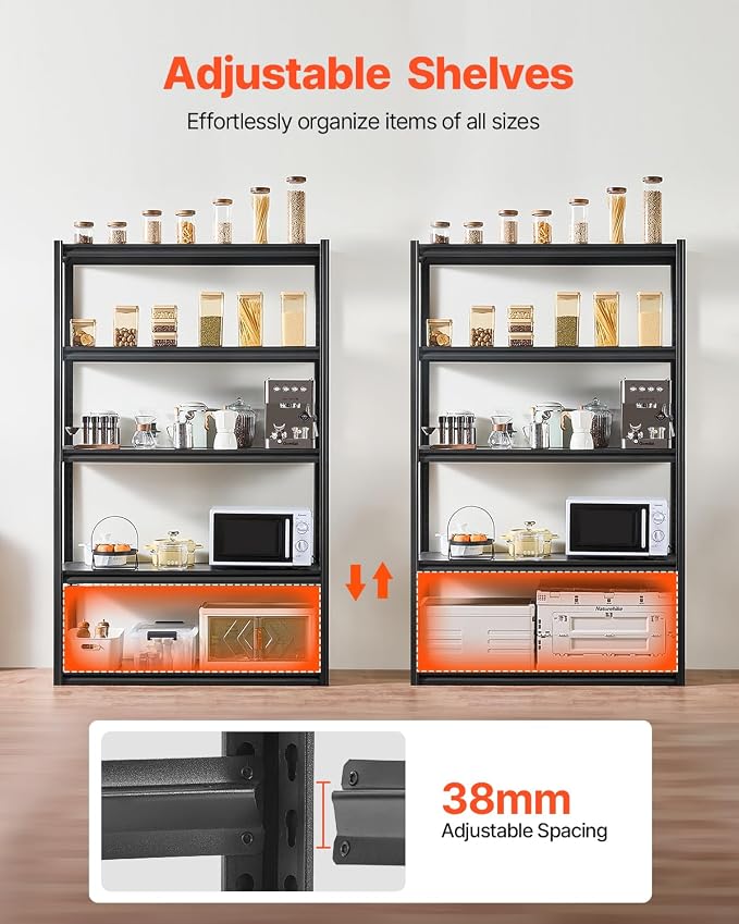 VEVOR Storage Shelves, 3000 lbs, 5 Tier Garage Storage Shelving, 18" D x 48" W x 78" H Adjustable Metal Shelves for Garage Shelves Utility Rack Shelf, Ideal for Kitchen, Warehouse, Basement, Black - Image 5
