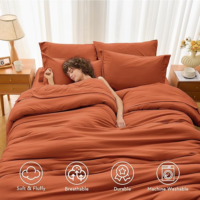 MUXHOMO 5 Pieces Twin Comforter Set, Soft Bed in a Bag Twin Size, All Season Bedding Set with Comforter, Flat Sheet, Fitted Sheet, Pillowcases & Shams, Burnt Orange
