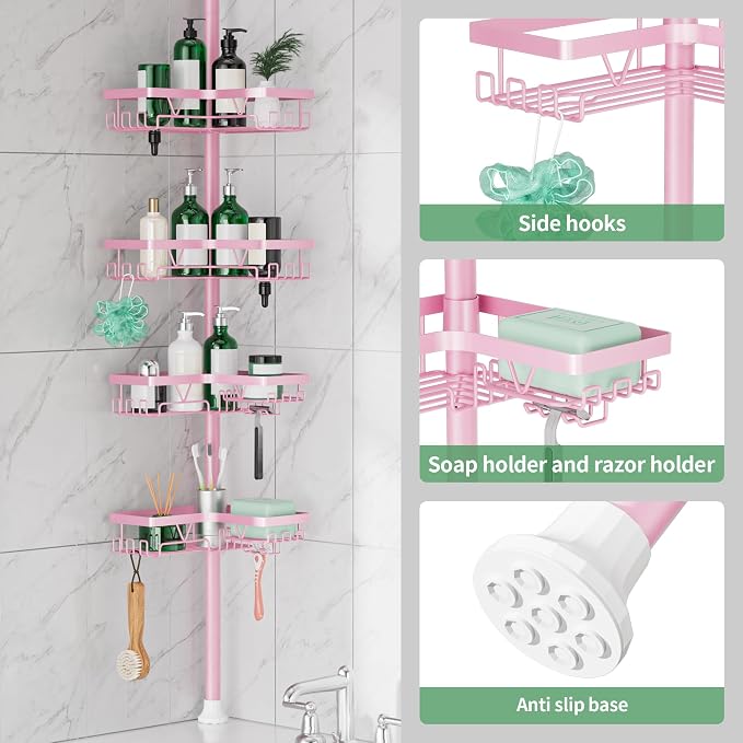 DAOYA Corner Shower Caddy Tension Pole - Pink - Rustproof Adjustable Bathroom Organizer Shelf for Shampoo, 25–114.2 Inch Shower Rack for Renters, Apartments - Image 3