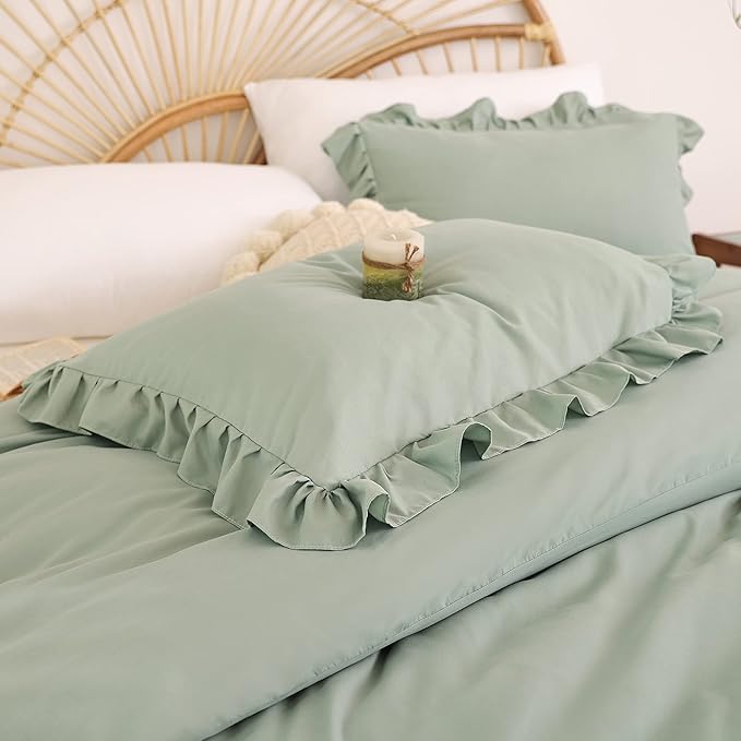 JANZAA Twin Comforter Set Sage Green Comforter Set 2PCS Ruffled and 1 Pillow Case Fluffy Vintage Farmhouse Shabby Chic Bedding Soft All Season