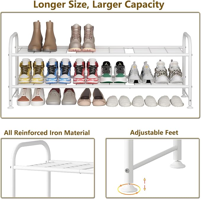 LINZINAR Shoe Rack Long 2 Tier Shoe Storage Organizer Metal Wide Shoe Shelf for Closet Entryway Bedroom 18 Paris Large Capacity, White - Image 6