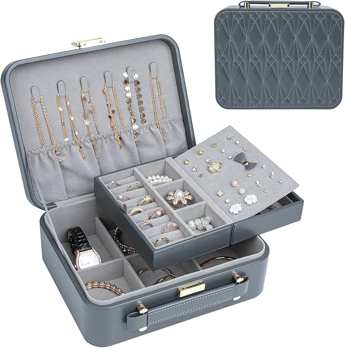 Travel Jewelry Case Large Jewelry Box Jewelry Travel Organizer Jewelry Case with Handle Removable Tray Best Gift for Women Girls (Grey) - Image 2