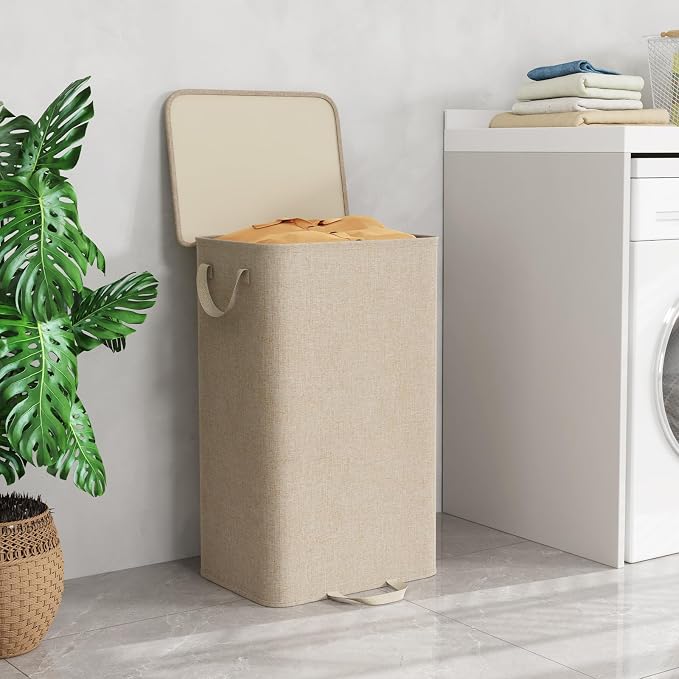Lifewit Single Laundry Hamper with Lid and Removable Laundry Bags, Large Collapsible 1 Dividers Dirty Clothes Basket with Handles for Bedroom Laundry Room Closet Bathroom College, 100L Beige - Image 2