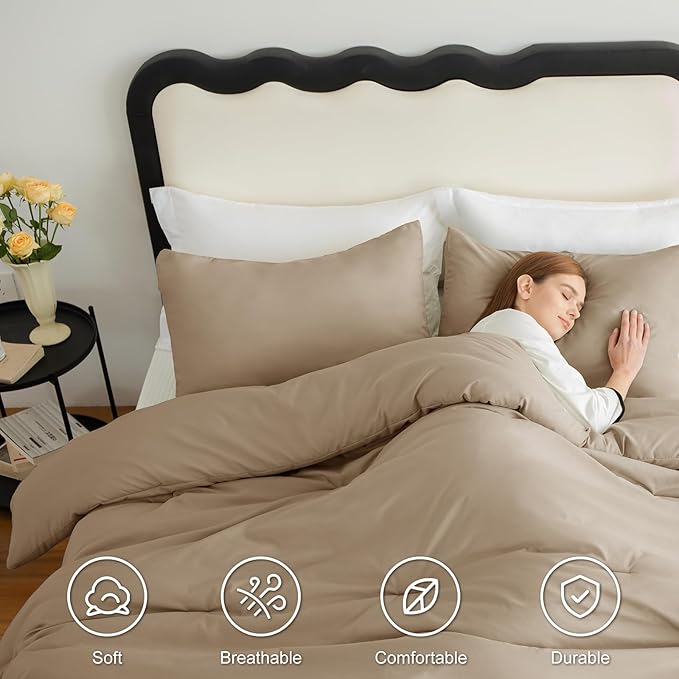 CozyLux Full Size Comforter Set Taupe, 3 Pieces Solid Breathable Quilted Bedding Sets, Luxury Lightweight Soft Bed Set with Down Alternative Comforter and 2 Pillowcases for All Seasons