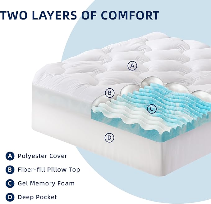 Dual Layer 3 Inch Memory Foam Mattress Topper Queen, 2 Inch Cooling 5-Zone Gel Memory Foam Plus 1 Inch Down Alternative Pillow Top Mattress Topper, with Deep Pocket, Support for Back Pain