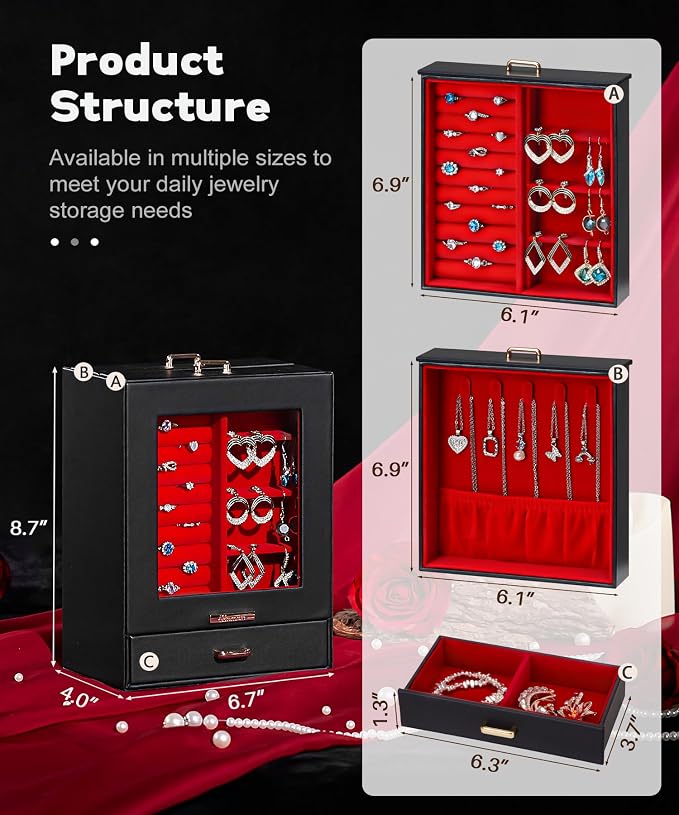 Homde Jewelry Organizer Girls Women Jewelry Box for Necklaces Rings Earrings Gift Bracelets Storage Case (Black + Red + Gold) - Image 3