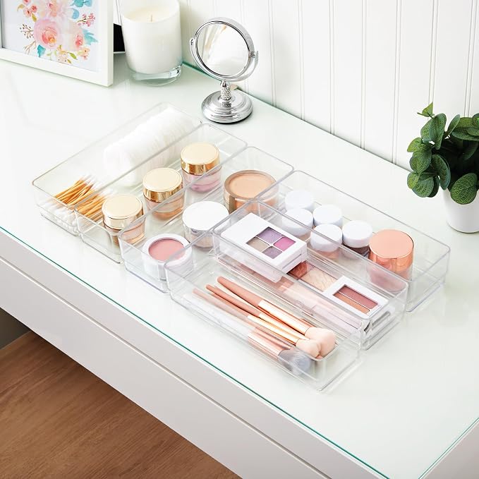 STORi SimpleSort 6-Piece Stackable Clear Drawer Organizer Set | 9" x 3" x 2" Rectangle Trays | Narrow Makeup Vanity Storage Bins and Office Desk Drawer Dividers | Made in USA - Image 7
