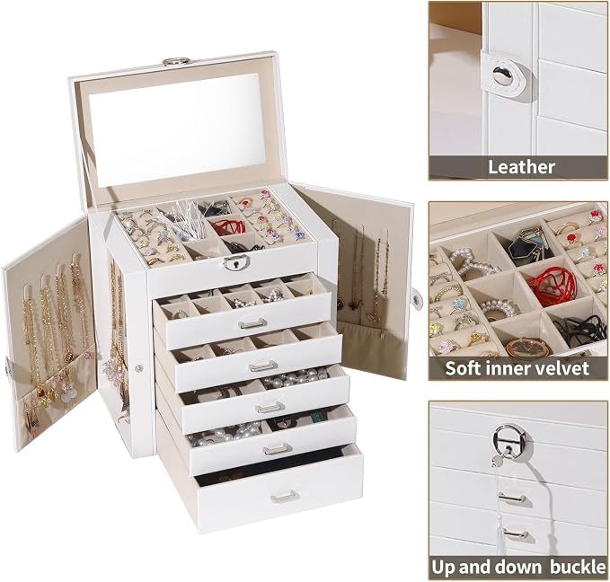 BOOVO Jewelry Box For women, 6 Layer Large Jewelry Organizer With Mirror, Multi-Function Storage Box With Lock, Accessory Holder With 5 Drawers, For Earrings Necklace Ring Bracelet (White) - Image 2