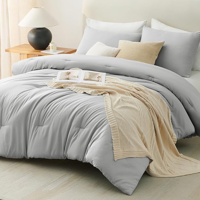 CozyLux King Size Comforter Set Light Grey, 3 Pieces Solid Comforters King Size Breathable Bedding Sets, Light Gray Luxury Soft Lightweight Bed Set with Down Alternative Comforter and 2 Pillowcases