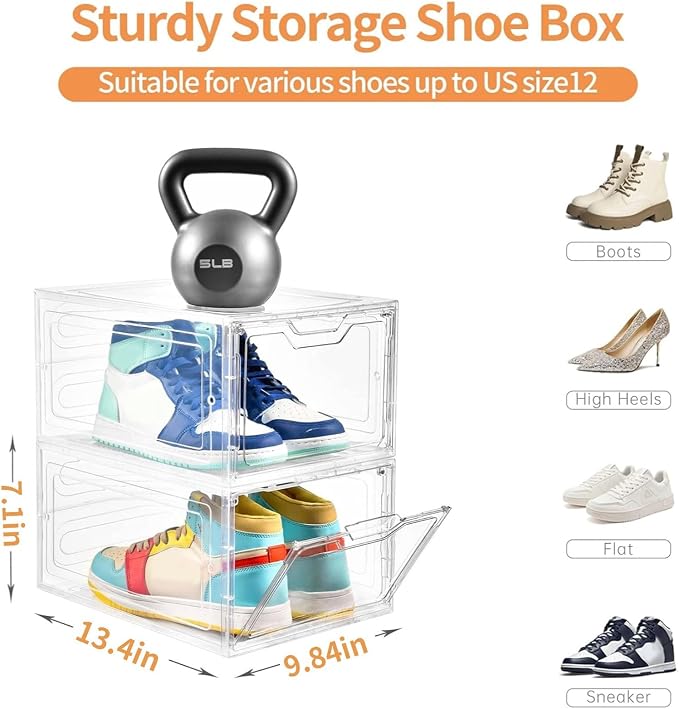 12 Pack Thicken & Sturdy Clear Shoe Storage Organizer with Magnetic Door, Shoe Boxes Clear Plastic Stackable for Closet, Shoe Rack for Sneaker Boot Container, Shoe Cabinet Fit up to US Size 12 - Image 3