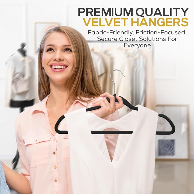 Techzoo 50 Pack New Premium Quality Velvet Hangers Ultra Thin Non Slip Adult Felt Space Saving Hangers for Closet Heavy Duty Coat Pants Jackets Dress Hangers 360° Swivel Hook Hold Upto 10 lbs Black - Image 5