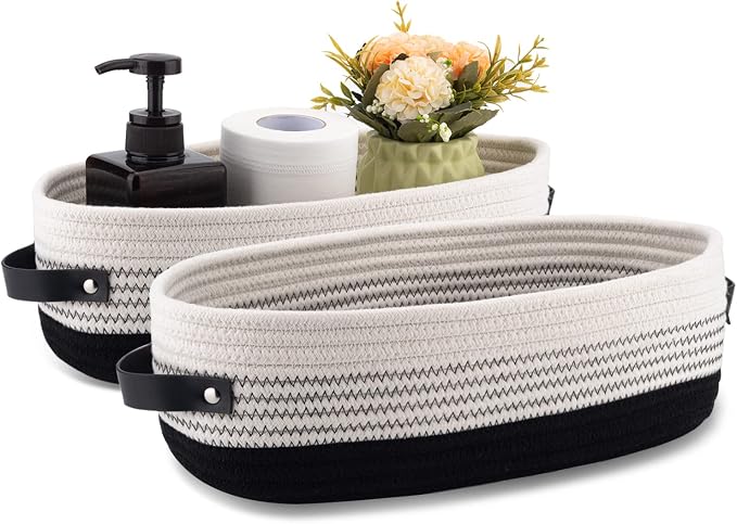 2 Pack Cotton Rope Toilet Basket Bathroom Decor Baskets, Toilet Paper Holder Basket, Farmhouse Home Decor Organizing 13"x5.9"x4" Black by Oradrem