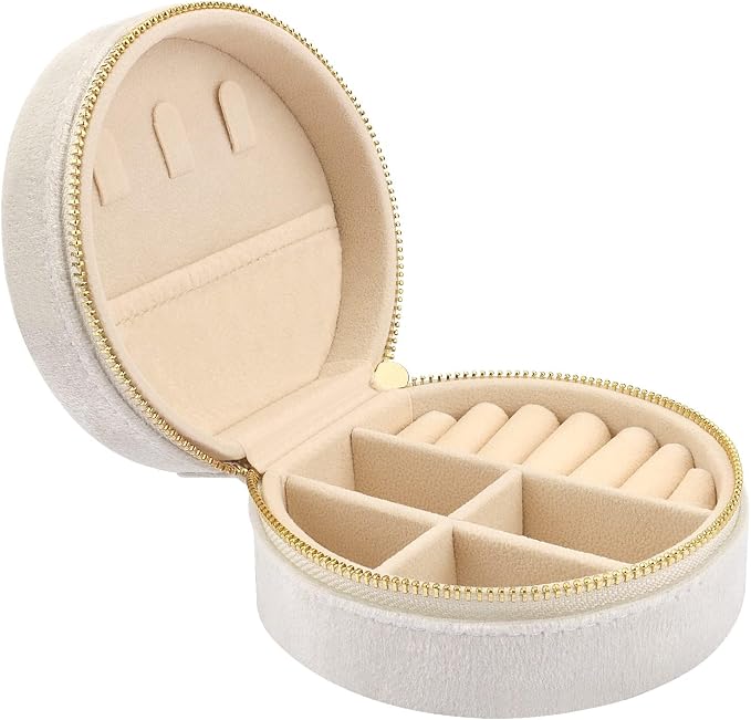 DesignSter Travel Jewelry Box - Velvet Mini Jewelry Organizer, Small Jewelry Case for Girls Women, Jewelry Storage Box for Rings Earrings Necklace (Circular, Cream Beige) by DesignSter